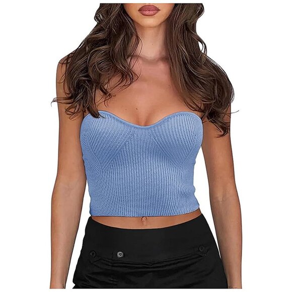 Tops - Women's Summer Sexy Sweetheart Neck Sleeveless Strapless Y2K Sky Blue